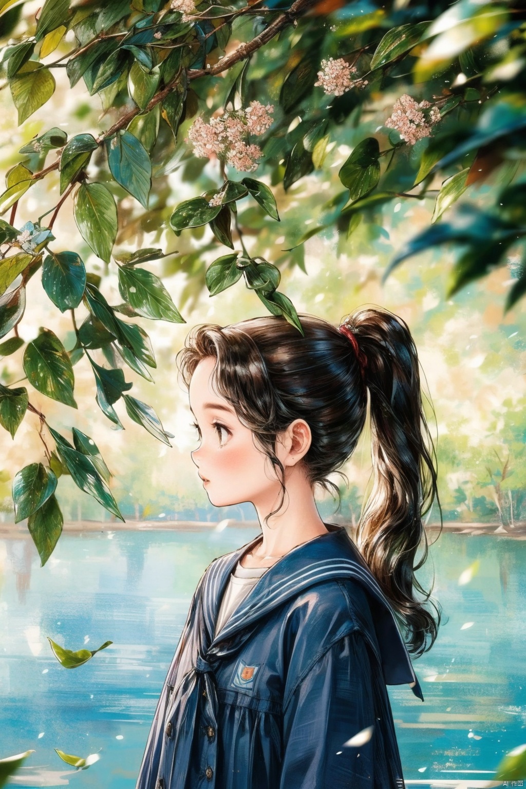  upper body photos of a school girl, ponytail, HD 16K,lake,leaf,plant,dress,flowers,
