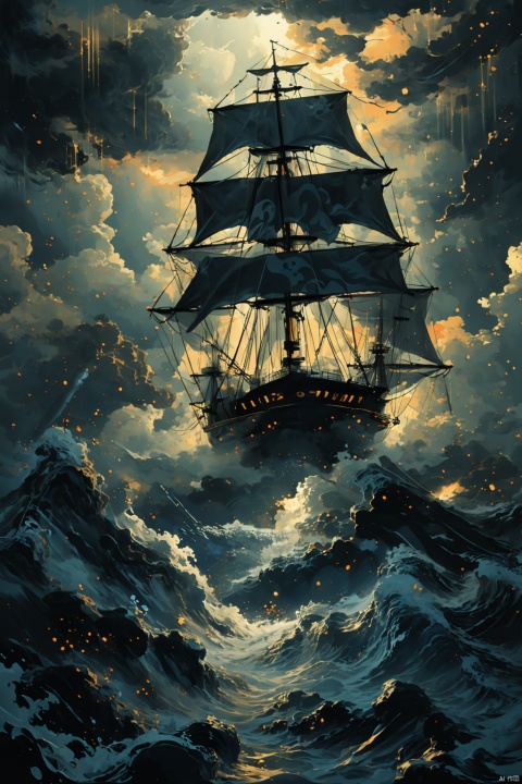  Realistic, hyper detailed, award winning masterpiece, full body portrait, ((ultra-high resolution 16k intense color portrait)), in the deep ocean, rough sea waves a large pirates ship with a black skull flag on top, ultra realistic, Hyper, vibrant light, storm, clouds, lightning, rough weather cinematic background