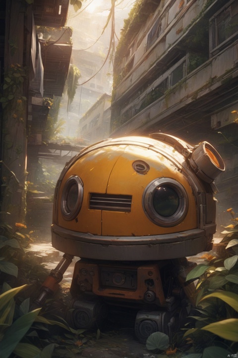  (La best quality,high resolution,super detailed,actual),dilapidated abandoned robot,covered with plants,The sun shines on the robot（ （（sunrise）））,light warm（ （（A masterpiece full of sunshine elements）））, （（best quality））, （（intricatedetails））（8k）