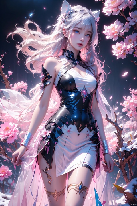 (masterpiece, top quality, best quality, official art, beautiful and aesthetic:1.2), 1girl standing under a peony tree,,frontal, blue eyes, white hair blowing in the wind, extreme detailed,(fractal art:1.3),colorful,highest detailed, Hanamawine,slightly falling snow,traditional Chinese ink painting, black and white ink painting, willow branches, Hanama wine, Pink Mecha