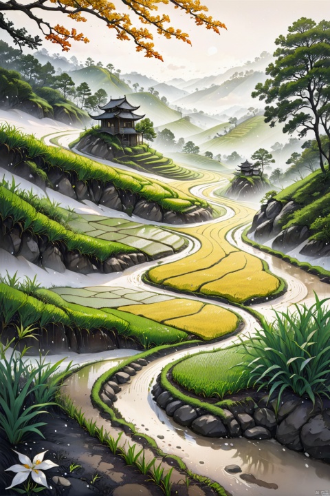  An old farmer Walk the winding roads of the countryside, rice fields, rainy day,There are neat rice seedlings in the field, forest, Hillside, Quiet, Rural area, HD Detail, Hyperdetail, Cinematic, Surrealism, Soft Light, Deep Field Focus Bokeh, Ray Tracing, and Surrealism,cloud,jianzhi, ink wash painting, guohua,山水如画