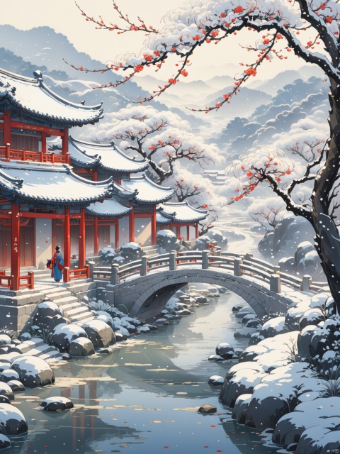  Thick painted national cartoons, textbook illustrations, Feng Zikai, Eastern poetry and painting, cold tone,snowing, plum blossom,large scenes, murmuring streams, white tones, delicate visuals, gentle brushstrokes, distant view of rural courtyard, farmer paintings, high-quality, masterpiece, perfect composition,