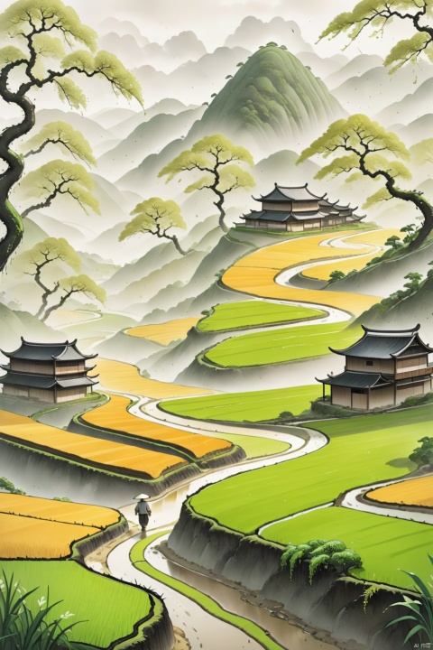  An old farmer Walk the winding roads of the countryside, rice fields, rainy day,There are neat rice seedlings in the field, forest, Hillside, Quiet, Rural area, HD Detail, Hyperdetail, Cinematic, Surrealism, Soft Light, Deep Field Focus Bokeh, Ray Tracing, and Surrealism,cloud,jianzhi, ink wash painting, guohua