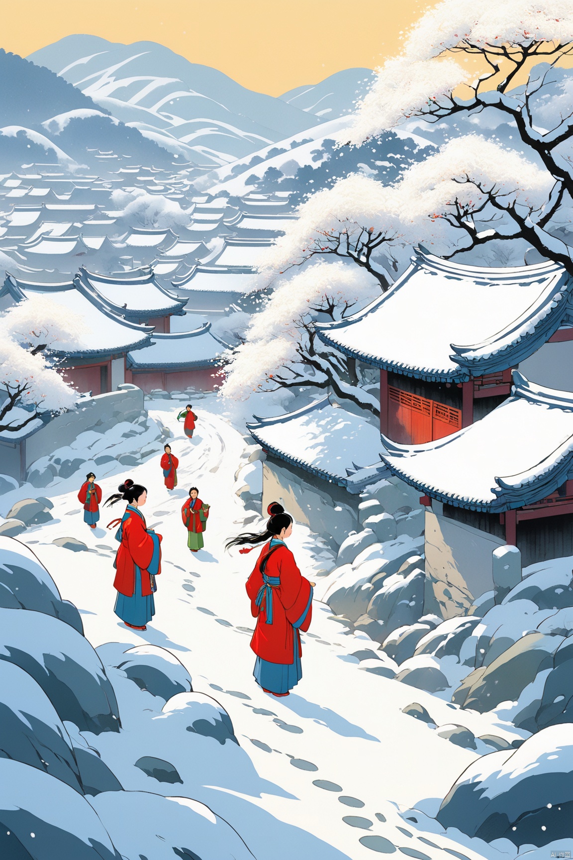  Thick Tu Guomang, Feng Zikai, textbook illustrations, children's illustrations, Northeast Snow Village, with heavy snowfall,plum blossom,elegant and simple, novel illustration style, depicting rural life, warm scenes, children's book illustrations, official art, digital painting, fine character portrayal, clear facial features, complete fingers, perfect composition, concept art