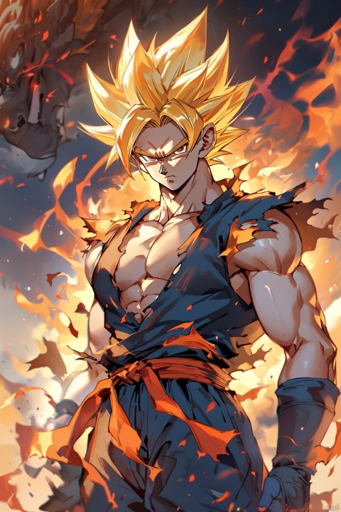  ((best quality)),masterpiece,((ultra-detailed)),illustration,8k wallpaper,((extremely detailed CG unity 8k wallpaper)),(extremely detailed eyes and face),huge filesize,game cg,songoku, male focus, 1boy, solo, dougi, muscular, blonde hair, torn clothes, spiked hair, super saiyan, looking at viewer, serious, dust, arms at sides, pectorals, torn shirt, muscular male, closed mouth, pants, super saiyan 1, smoke, shirt, aura, shaded face, clenched hands, gloves, wristband, frown, sleeveless, standing, blurry,brown eyes