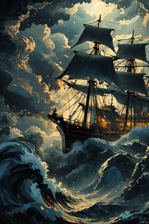  Realistic, hyper detailed, award winning masterpiece, full body portrait, ((ultra-high resolution 16k intense color portrait)), in the deep ocean, rough sea waves a large pirates ship with a black skull flag on top, ultra realistic, Hyper, vibrant light, storm, clouds, lightning, rough weather cinematic background