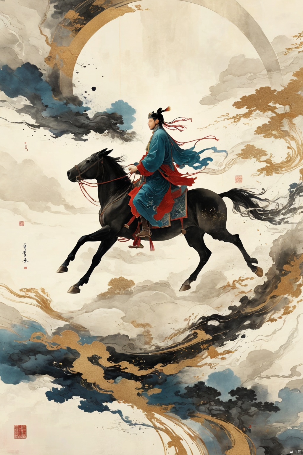  Chen Jialing, Ink Painting, Halo Dyeing, A man riding on a running horse,Conceptual Digital Art, Minimalism, Master Composition, Romantic Ancient Style, New Gongbi, Surrealism