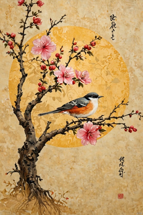  the Plum Blossom ,Begonia flowers with a bird on a branch, traditional Chinese painting light color, fine brushwork, circular composition, background on yellowed rice paper,no text