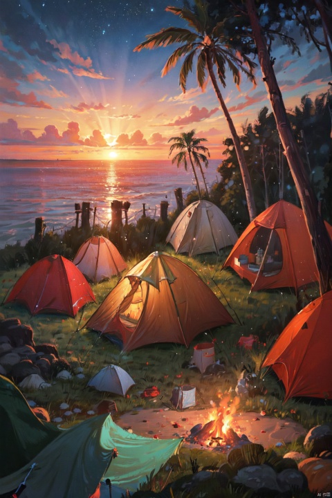  (from above:1.2), (seaside,autumn,:1.2), Wide sea,horizon,(Camping tents:1.5),sunset,cloud, bonfire,palm trees,sunset,cloud,
very detailed , realistic details , light particle effect, excellent work, extremely elaborate picture description,8k wallpaper, obvious light and shadow effects, ray tracing, obvious layers, depth of field, best quality,