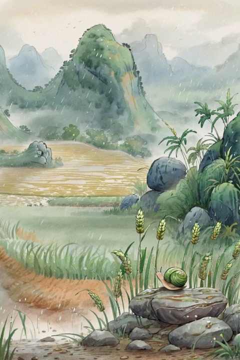  ((masterpiece)), ((best quality)),raining, Fields, side paths,green Wheat, trees, grass, mountains, mist,1 little snail sitting on the rock,looking at the fields,rainforrest raining, guofeng
