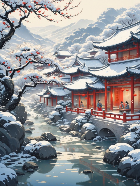  Thick painted national cartoons, textbook illustrations, Feng Zikai, Eastern poetry and painting, cold tone,snowing, plum blossom,large scenes, murmuring streams, white tones, delicate visuals, gentle brushstrokes, distant view of rural courtyard, farmer paintings, high-quality, masterpiece, perfect composition,