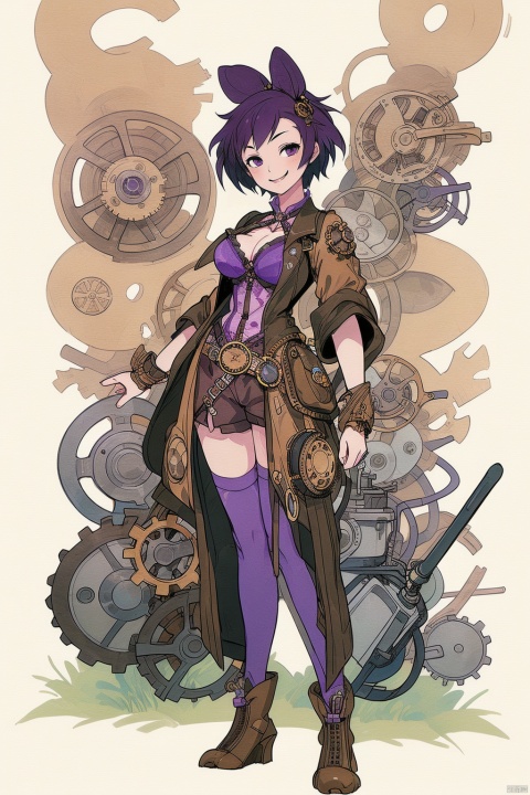 Full body, best quality,masterpiece,extremely detailed,1 girl,solo,short_hair,purple_hair,smirk,standing,medium_breasts,steampunk, gear, steampunk, Larme Kei3