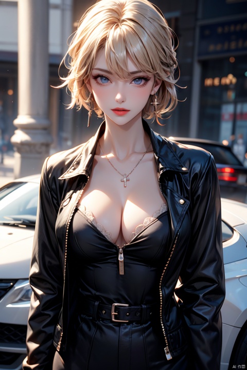 1girl, solo, breasts, looking at viewer, blush, short hair, bangs, blue eyes, blonde hair, long sleeves, cleavage, hair between eyes, jewelry, medium breasts, jacket, upper body, earrings, outdoors, parted lips, open clothes, belt, mole, blurry, open jacket, lips, black jacket, clothing cutout, night, depth of field, blurry background, cleavage cutout, cross, ground vehicle, motor vehicle, zipper, leather, cross earrings