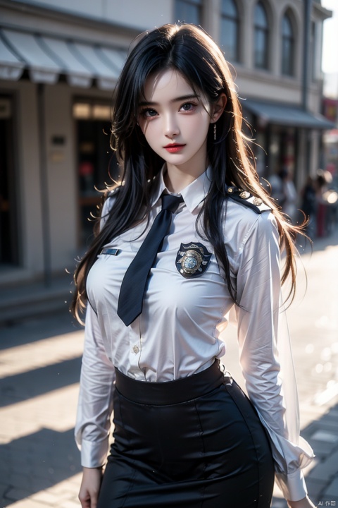 hyper realistic,realism,photo realism,masterpiece,best quality,long hair,1girl,solo,model of 22 years old woman,policewoman,police uniform,pencil skirt,blue eyes, damimi