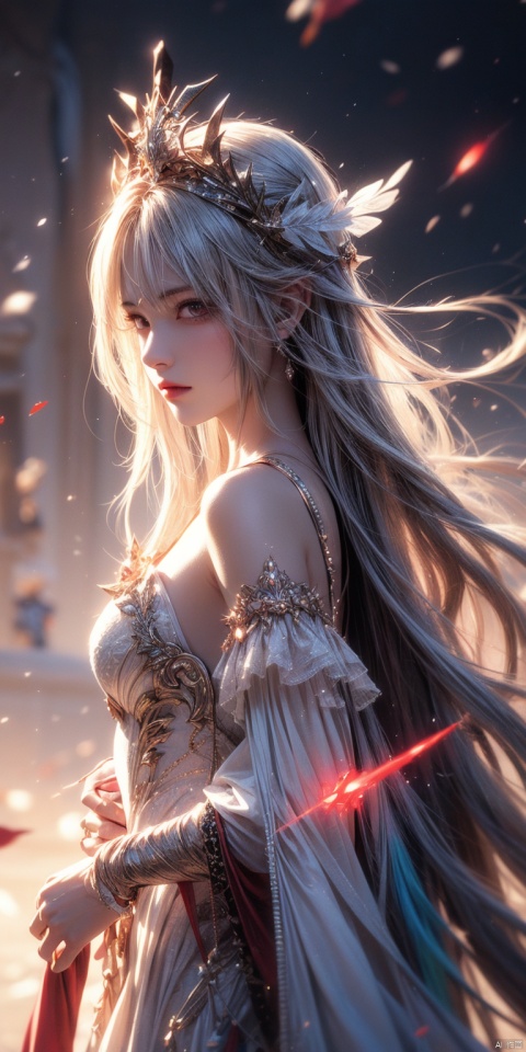  masterpiece, ultra quality, sharp focus, beautiful evil goddess, white streaked hair, torn, cowboy shot, looking at viewer with sharp eyes, red glowing particles, dynamic angle, tiara, (multicolored), side view, 1 girl