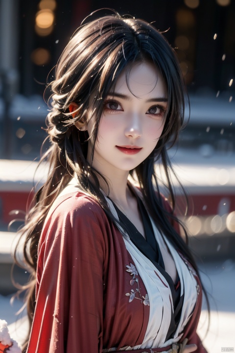 cinematic photo ,Best quality , (masterpiece:1.2) , cinematic photo,1girl,A beautiful girl in red hanfu, Standing in the wind andsnow, long hair blown by the wind,snow in the sky , upperbody,snowing,snowy day,in winter ,motion blur ,(happy:1.1),(smile:1.1),close-up,(face focus:1.1),front view ,35mm photograph, film, bokeh, professional, 4k, highly detailed,helgirls, 