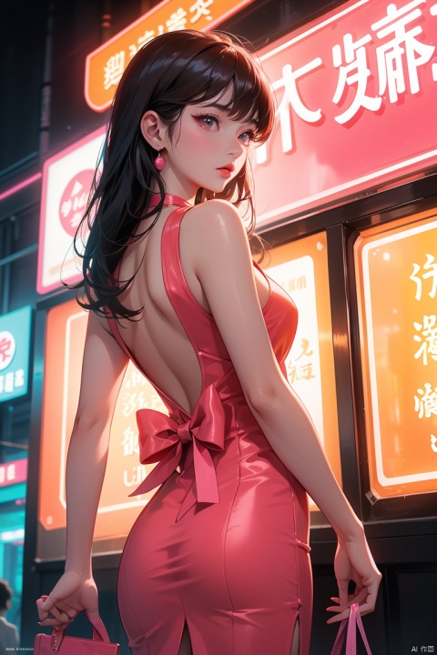 HK film style, close-up shot back view of an attractive woman wearing pink dress standing in front of a neon sign, neon orange lighting, in the style of Wong Kar Wai film, award-winning picture, highly detailed, ultra-high resolutions, 32K UHD, best quality, masterpiece