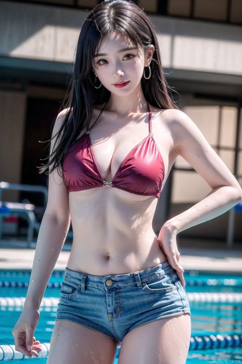  mimi,masterpiece,ultra quality,realistic,photo,1 girl,beautiful young (((swimmer))),bikini,((laugh)),detailed face,detailed eyes,shiny skin,straight hair,torn,(cowboy shot),((unbuttoned clothes)),looking at viewer with sharp eyes,red glowing earrings,dynamic angle,(multicolored),1 girl,mimi,