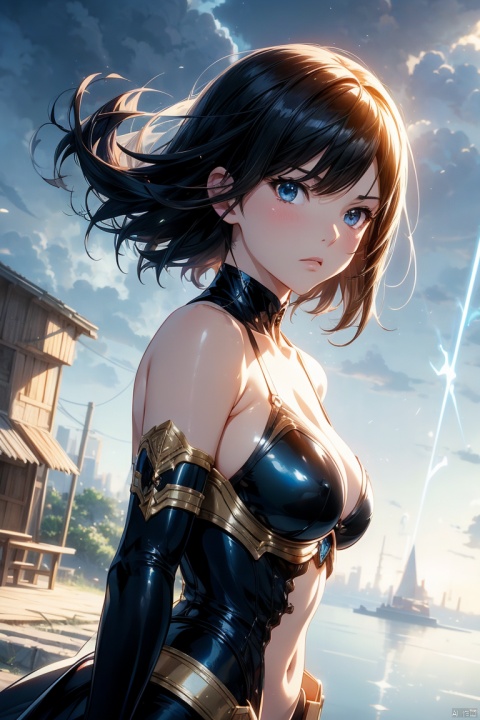 ((workshop)), Perfect quality, Fat, Inflated, whole body, Stunning beauty, Jean Favonian, Small breasts, (High quality anime, Makoto Shinkai), anger, blush, Standing on the riverside street next to the village, Place your hand on your chest, Looking at the audience, No Gauntlets. Short hair blowing in the wind, The background is simple and blue, The gaze is directed downwards at a low angle, Bright lightning.,anime