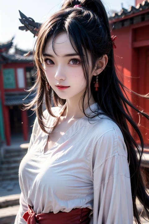 upper body,Jiangnan ancient town,with the bridgebehind,ancient style beauty,Light Sunshine,Sunny,looking_at_viewer,A girl,Streamer,damimi, mimi