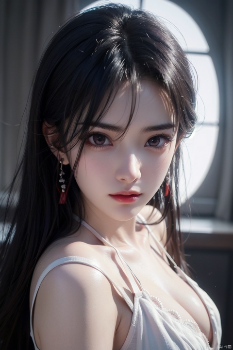  mimi,masterpiece,ultra quality,realistic,photo,1 girl,beautiful young (((boxer))),sad,upper body,detailed face,shiny skin,black straight hair,detailed eyes,looking at viewer with sharp eyes,red glowing earrings,dynamic angle,(multicolored),1 girl,mimi,