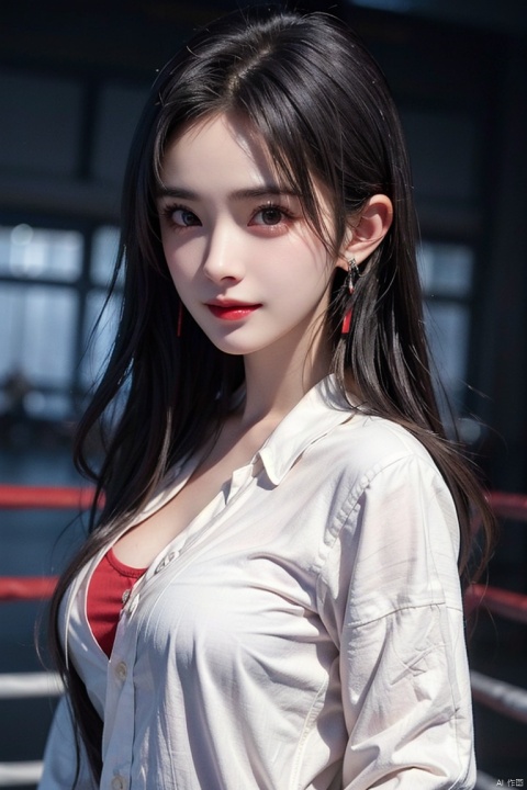  mimi,masterpiece,ultra quality,realistic,photo,1 girl,beautiful young (((boxer))),smile,detailed face,shiny skin,black straight hair,torn,(upper body),((unbuttoned clothes)),looking side with sharp eyes,red glowing earrings,dynamic angle,(multicolored),1 girl,mimi,