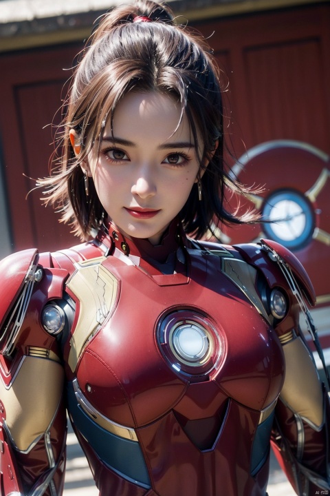  mimi,masterpiece,ultra quality,realistic,photo,1 girl,beautiful young (((iron man))),((smile)),detailed face,detailed eyes,shiny skin,straight hair,torn,(cowboy shot),((unbuttoned clothes)),looking at viewer with sharp eyes,red glowing earrings,dynamic angle,(multicolored),1 girl,mimi,