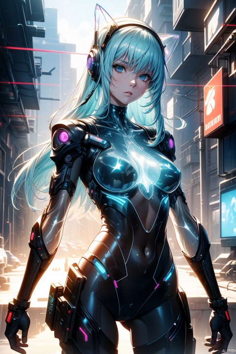 masterpiece,best quality,cowboy shot,(((Transparent body))),Sci-fi, cyberpunk, ridiculous, futuristic, holographic projection of the body,It's a very sci-fi picture,Transparent girl, ,A girl's body is made of fluid,