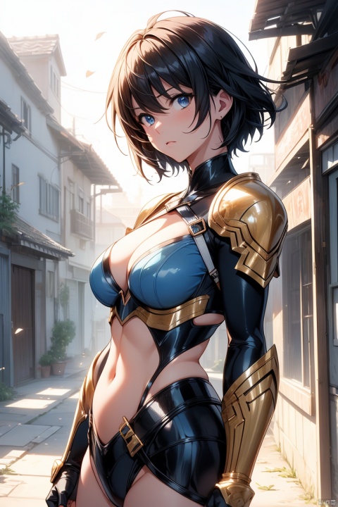 ((workshop)), Perfect quality, Fat, Inflated, whole body, Stunning beauty, Jean Favonian, Small breasts, (High quality anime, Makoto Shinkai), anger, blush, Standing on the riverside street next to the village, Place your hand on your chest, Looking at the audience, No Gauntlets. Short hair blowing in the wind, The background is simple and blue, The gaze is directed downwards at a low angle, Bright lightning.