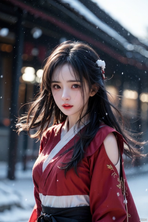  cinematic photo ,Best quality , (masterpiece:1.2) , cinematic photo,1girl,A beautiful girl in red hanfu, Standing in the wind andsnow, long hair blown by the wind,snow in the sky , upperbody,snowing,snowy day,in winter ,motion blur ,(sad:1.1),(crying:1.1),close-up,(tears:1.1),(face focus:1.1),(close mouth:1.1),front view ,35mm photograph, film, bokeh, professional, 4k, highly detailed,helgirls, mimi