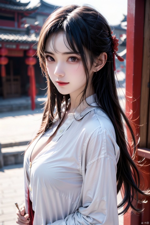 upper body,Jiangnan ancient town,with the bridgebehind,ancient style beauty,Light Sunshine,Sunny,((unbuttoned)),looking_at_viewer,A girl,Streamer,damimi, mimi