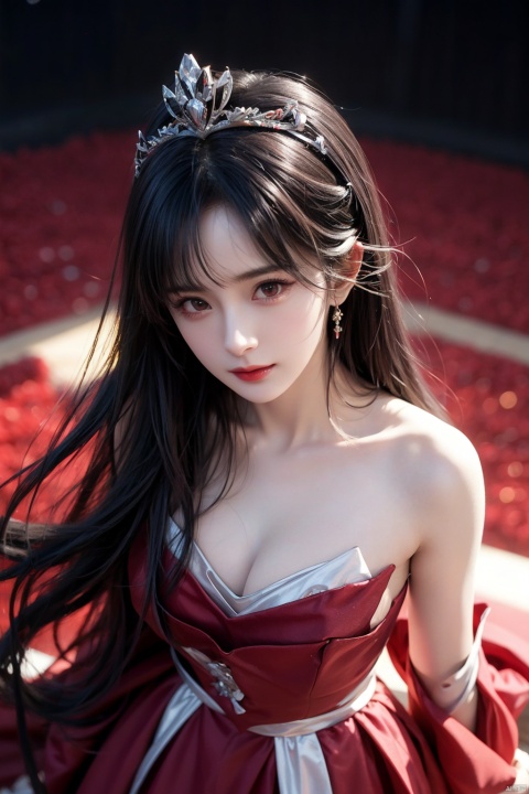  masterpiece, ultra quality, sharp focus,beautiful evil goddess, black streaked hair, torn,(strapless), upper body, large breasts,looking at viewer with sharp eyes, red glowing particles, dynamic angle, from above,tiara, (multicolored), 1 girl, mimi