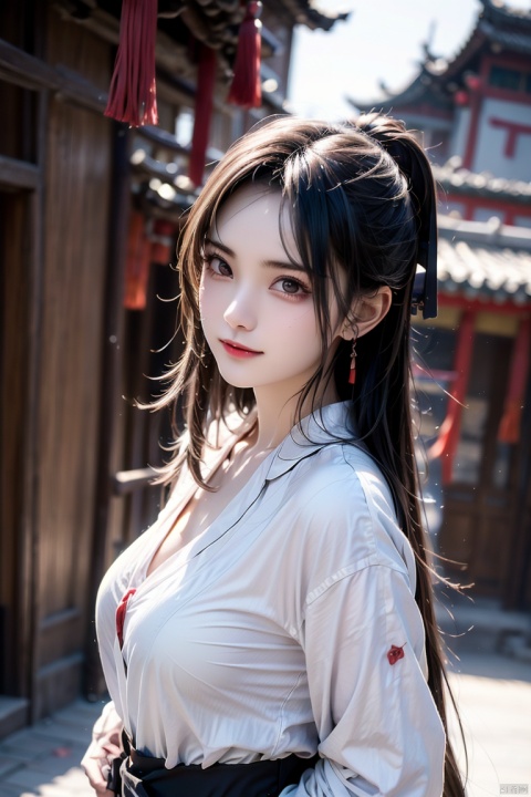 upper body,Jiangnan ancient town,with the bridgebehind,ancient style beauty,Light Sunshine,Sunny,looking_at_viewer,A girl,Streamer,damimi, mimi