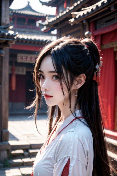 Jiangnan ancient town,with the bridgebehind,ancient style beauty,profile,Light Sunshine,Sunny,,A girl,Streamer,damimi,