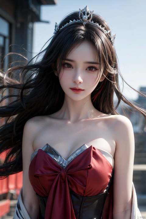  masterpiece, ultra quality, sharp focus,beautiful evil goddess, silver streaked hair, torn,(strapless), upper body, looking at viewer with sharp eyes, red glowing particles, dynamic angle, tiara, (multicolored), 1 girl, zzh, qingyi, mimi