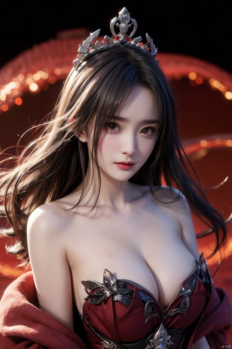  masterpiece, ultra quality, sharp focus,beautiful evil goddess, black streaked hair, torn,(strapless), upper body, large breasts,cleavage,looking at viewer with sharp eyes, red glowing particles, tiara, (multicolored), 1 girl, mimi