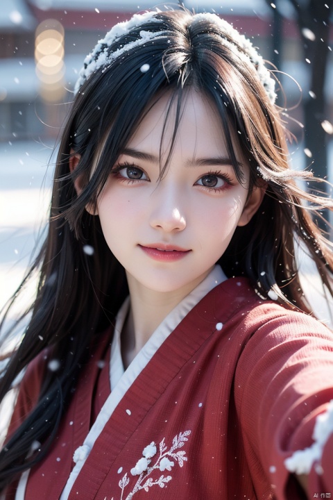 cinematic photo ,Best quality , (masterpiece:1.2) , cinematic photo,1girl,A beautiful girl in red hanfu, Standing in the wind andsnow, long hair blown by the wind,snow in the sky , upperbody,snowing,snowy day,in winter ,motion blur ,(happy:1.1),(smile:1.1),close-up,(face focus:1.1),front view ,35mm photograph, film, bokeh, professional, 4k, highly detailed,helgirls, 