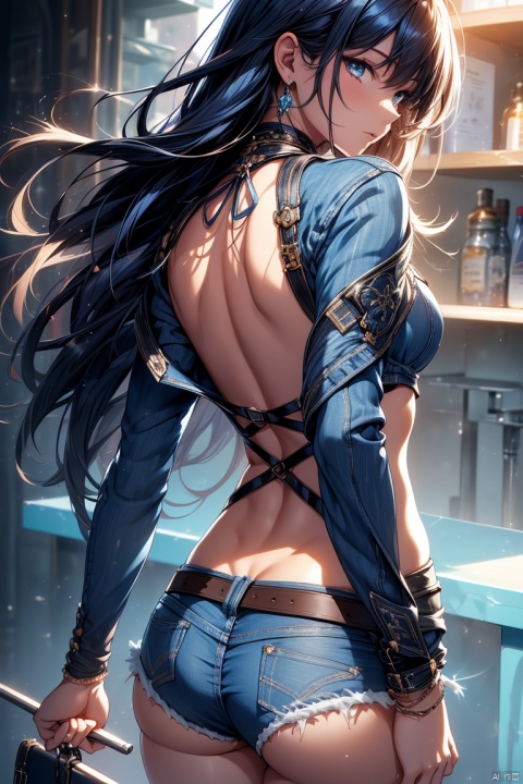 best qualtiy,tmasterpiece,hight resolution,1girl, girl in blue clothes , close-up of face,mini jean shorts,detailed back,beautiful back,shinny skin,long hair,belt, side light,Accentuate your butt,1 girl,phSaber