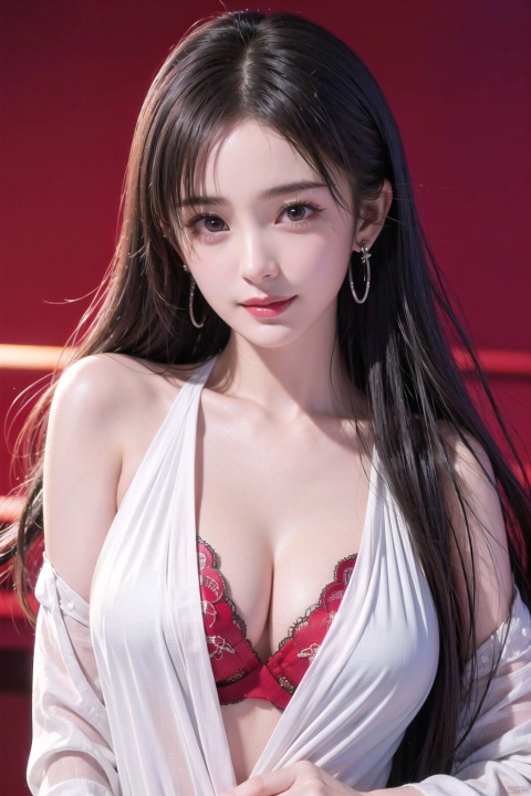  masterpiece,ultra quality,realistic,photo,1 girl,beautiful young (((boxer))),smile,detailed face,shiny skin,black straight hair,torn,(upper body),((unbuttoned clothes)),looking at viewer with sharp eyes,red glowing earrings,dynamic angle,(multicolored),1 girl,damimi,mimi,