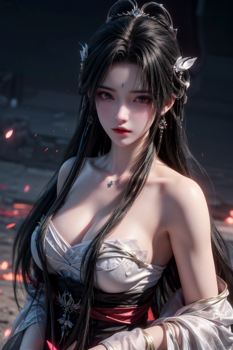  masterpiece, ultra quality, sharp focus,beautiful evil goddess, silver streaked hair, torn,(strapless), upper body, looking at viewer with sharp eyes, red glowing particles, dynamic angle, tiara, (multicolored), 1 girl, zzh, qingyi