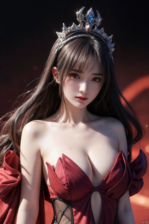  masterpiece, ultra quality, sharp focus,beautiful evil goddess, black streaked hair, torn,(strapless), upper body, large breasts,looking at viewer with sharp eyes, red glowing particles, dynamic angle, tiara, (multicolored), 1 girl, mimi