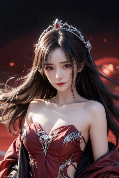  masterpiece, ultra quality, sharp focus,beautiful evil goddess, silver streaked hair, torn,(strapless), upper body, looking at viewer with sharp eyes, red glowing particles, dynamic angle, tiara, (multicolored), 1 girl, zzh, qingyi, mimi
