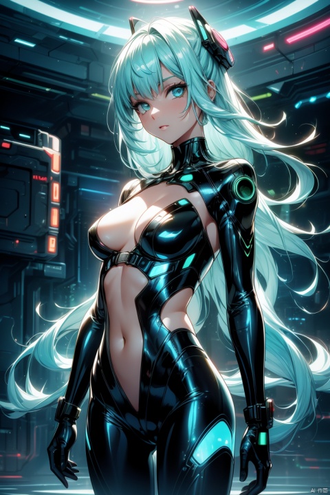 Sci-fi, cyberpunk, ridiculous, futuristic, holographic projection of the body,It's a very sci-fi picture,Translucent girl, translucent body,A girl's body is made of fluid,