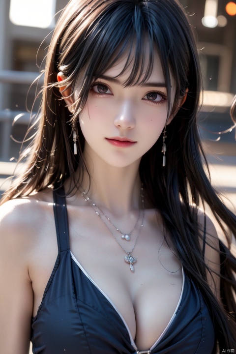  mzldress,a girl,solo,upper body,necklace and ear chain, sunlight, Black hair,realism,blue dress,damimi