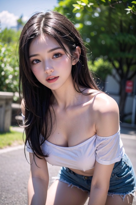 nsfw,1girl, grey hair, long hair, hair between eyes, grey eyes, large breasts, hanging breasts, collarbone, single bare shoulder, off shoulder, (nipple slip, nipples), no bra, downblouse, t-shirt, white shirt, short sleeves, short shorts, shorts, cutoffs, open mouth, smile, looking at viewer, solo, outdoors, standing, leaning forward, blurry, blurry background, masterpiece, best quality, absurdres, highres, official art, extremely detailed cg unity 8k wallpaper,