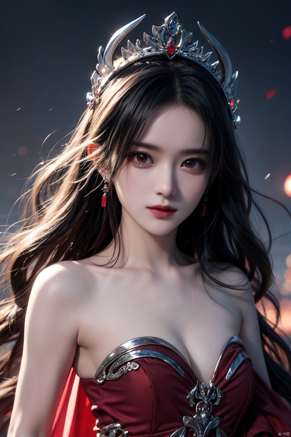  masterpiece, ultra quality, sharp focus,beautiful evil goddess, silver streaked hair, torn,(strapless), upper body, looking at viewer with sharp eyes, red glowing particles, dynamic angle, tiara, (multicolored), 1 girl, zzh, qingyi, mimi, liushi, zhaoliying
