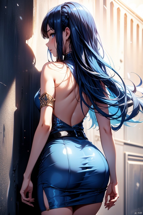 best qualtiy,tmasterpiece,hight resolution,1girl, girl in blue clothes ,against wall, close-up of face,mini pencil skirt,detailed back,beautiful back,shinny skin,long hair,belt, side light,Accentuate your butt,1 girl,