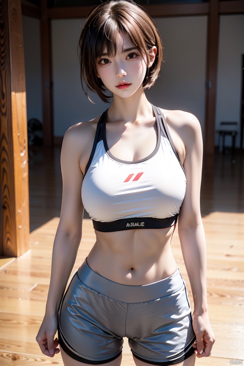 A masterpice, 4K, of the best quality, Misaka_mikoto　ribbon from, Sports Bra, Latex Shorts, are standing, arms folded,、cool expression　Beautiful gym, brown-eyed, Short_hair, large Breast, looking at the viewers