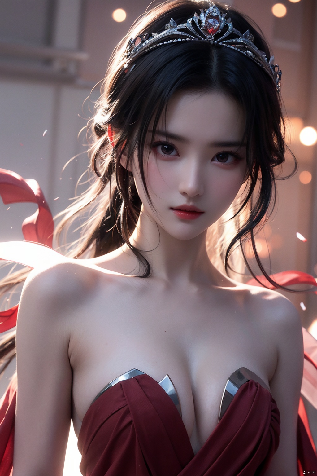  masterpiece, ultra quality, sharp focus,beautiful evil goddess, silver streaked hair, torn,(strapless), upper body, looking at viewer with sharp eyes, red glowing particles, dynamic angle, tiara, (multicolored), 1 girl,  liuyifei