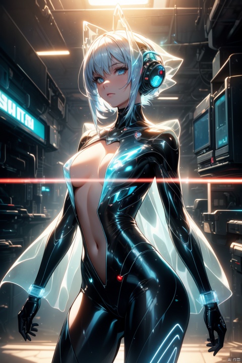 masterpiece,best quality,cowboy shot,(((Transparent body))),Light emanates from inside the body,Sci-fi, cyberpunk, ridiculous, futuristic, holographic projection of the body,It's a very sci-fi picture,Transparent girl, ,A girl's body is made of fluid,1 girl